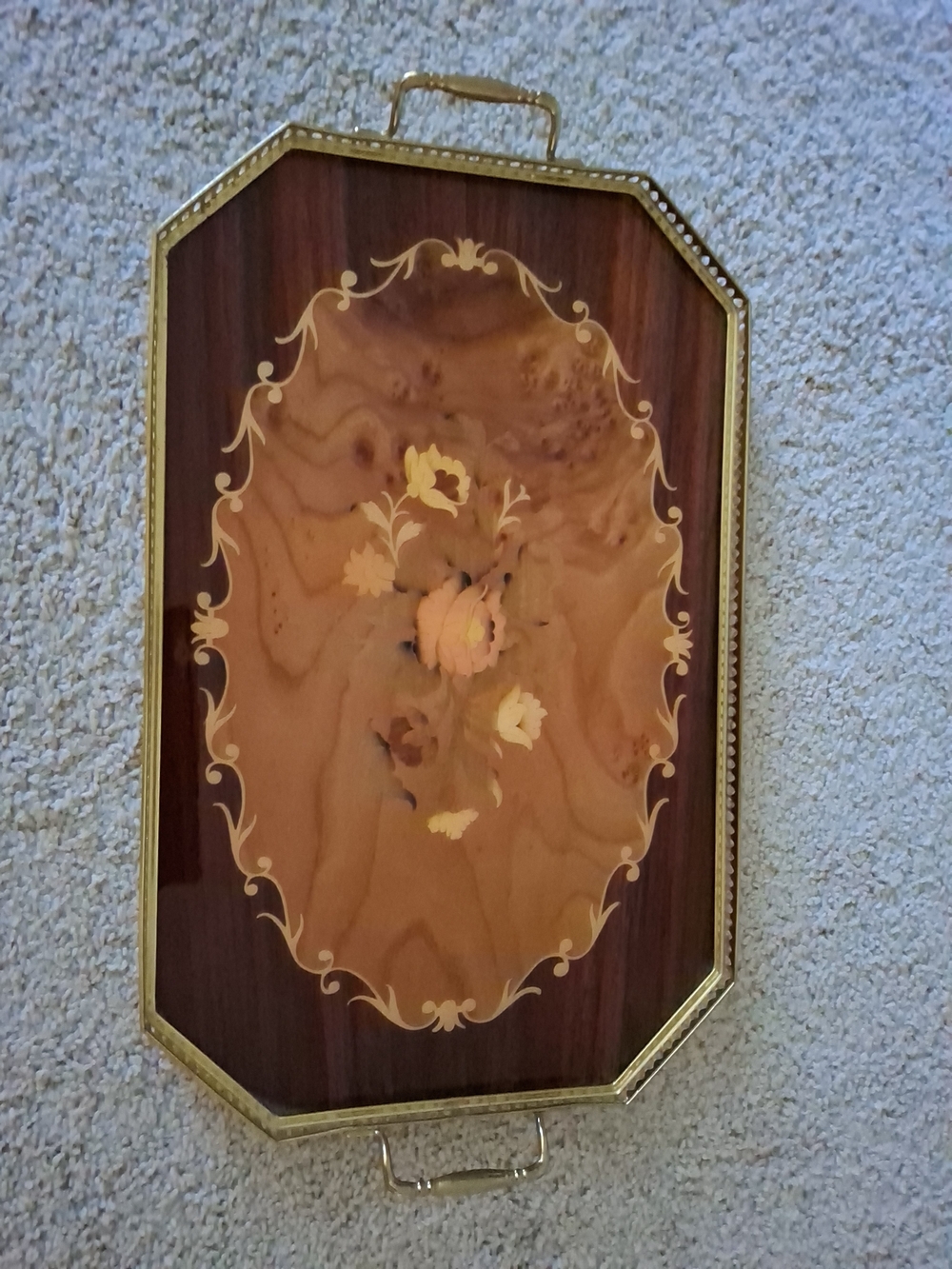 Vtg Italian Sorrento Marquetry Tray: Floral Inlaid Lacquered Wood & Gilt Brass